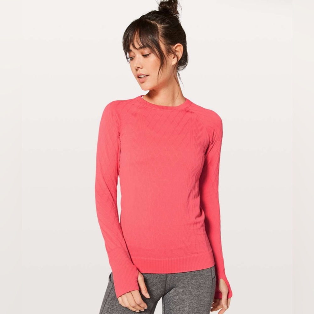 Lululemon Rest Less Pink Flash Light Tone Textured Thumbhole Pullover Shirt 4